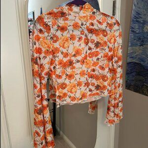 🧡 SHEIN Floral Sheer Cropped Turtleneck | Orange & White | Medium